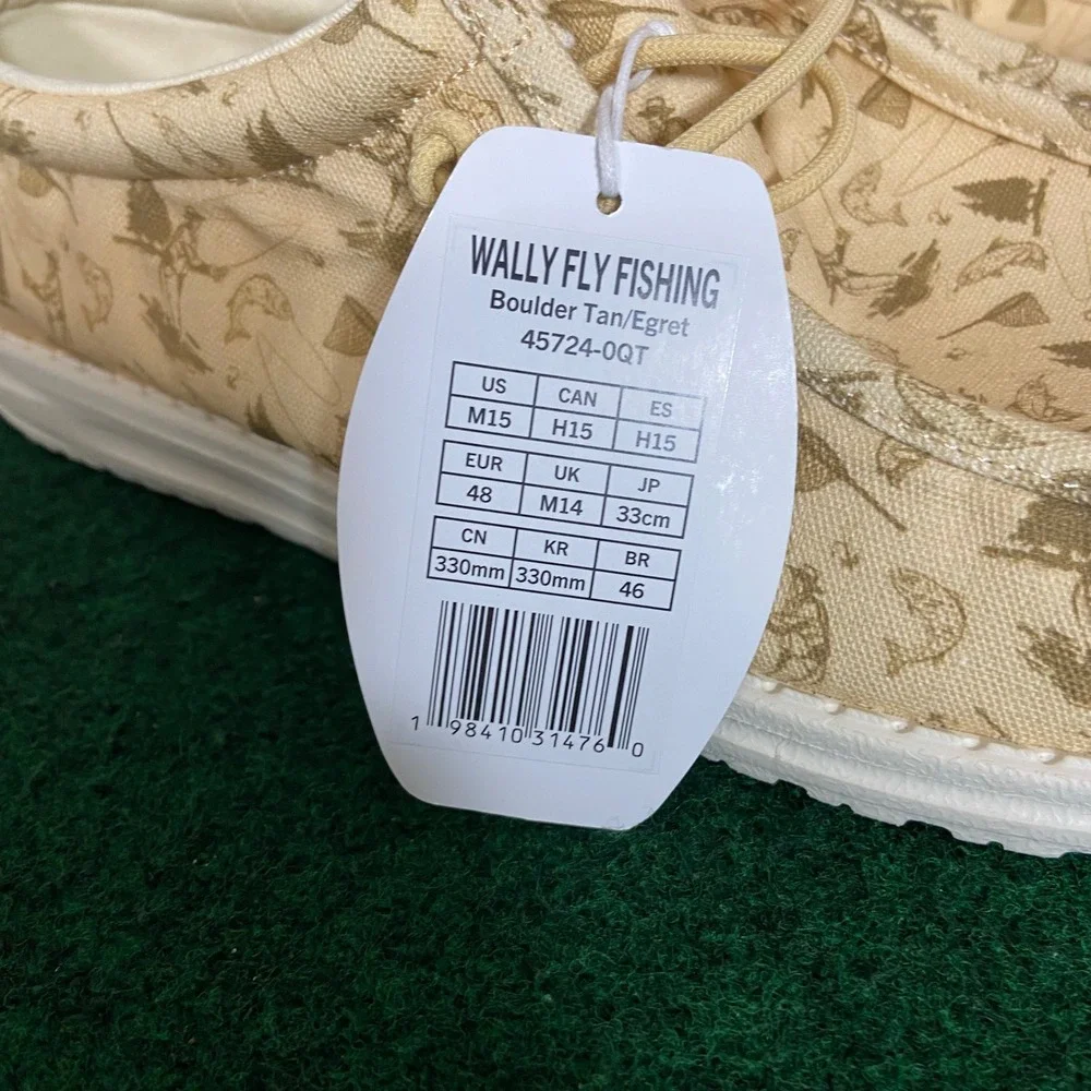 Hey Dude Wally Fly Fishing Mens 15 Tan Egret Novelty Print Slip On Loafers 45724